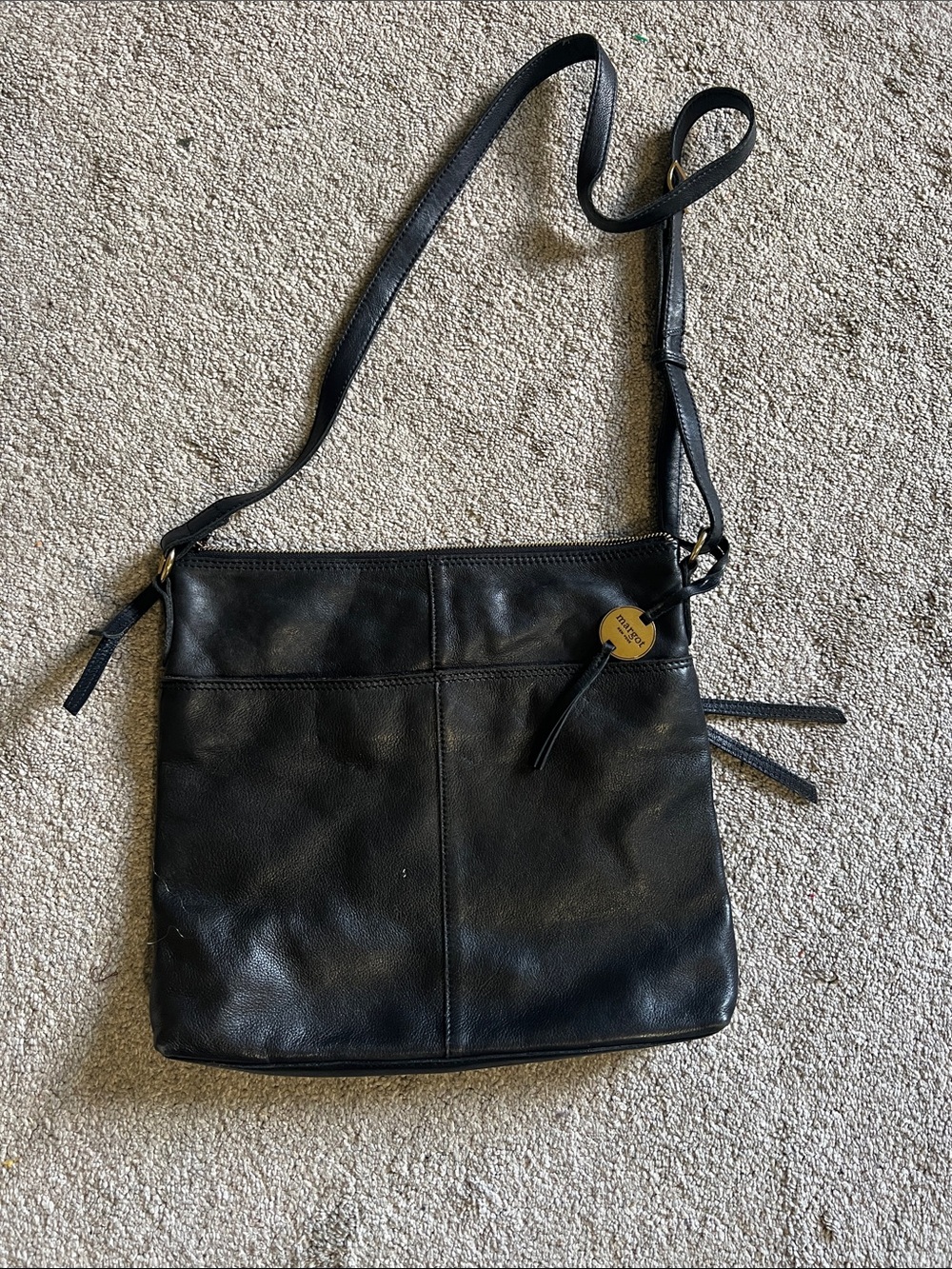 Margot New York Black Genuine Leather Crossbody Shoulder Bag Brass
